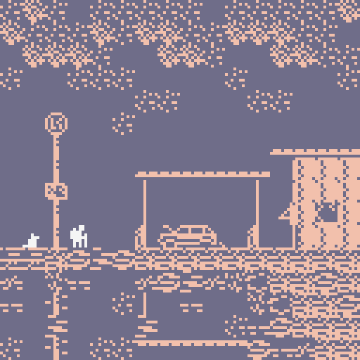 human and dog approach abandoned gas station