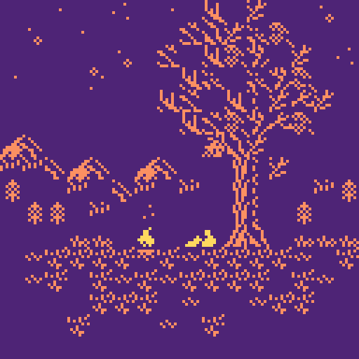 human and dog sit under tree on a hill under night sky