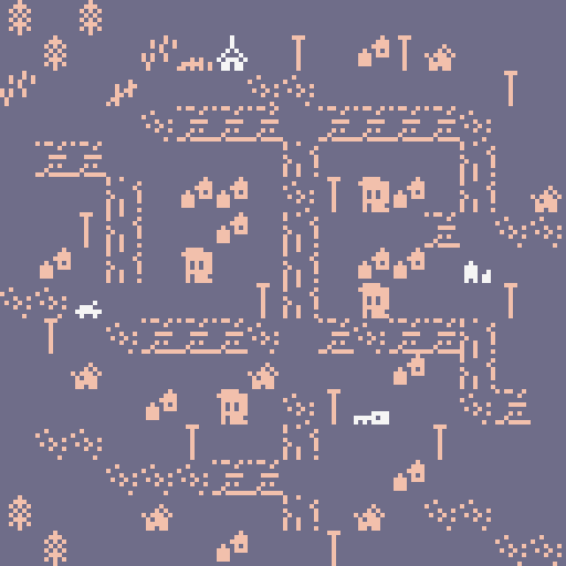 top down map of an abandoned town. dialog: places like this don't change much, they just get emptier.