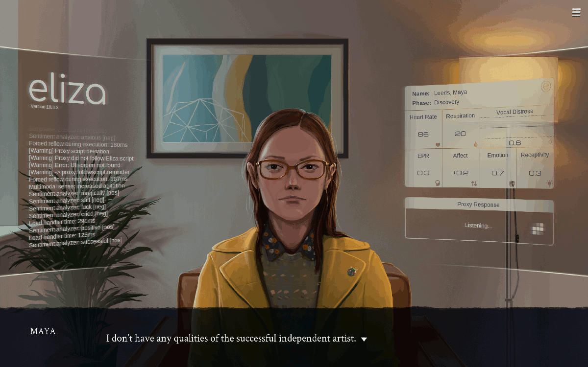 screenshot from Eliza (Zachtronics, 2019)