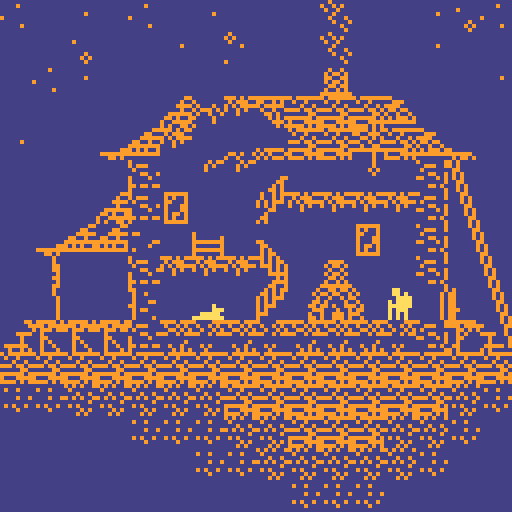 human and dog inside house with fireplace at night under starry sky