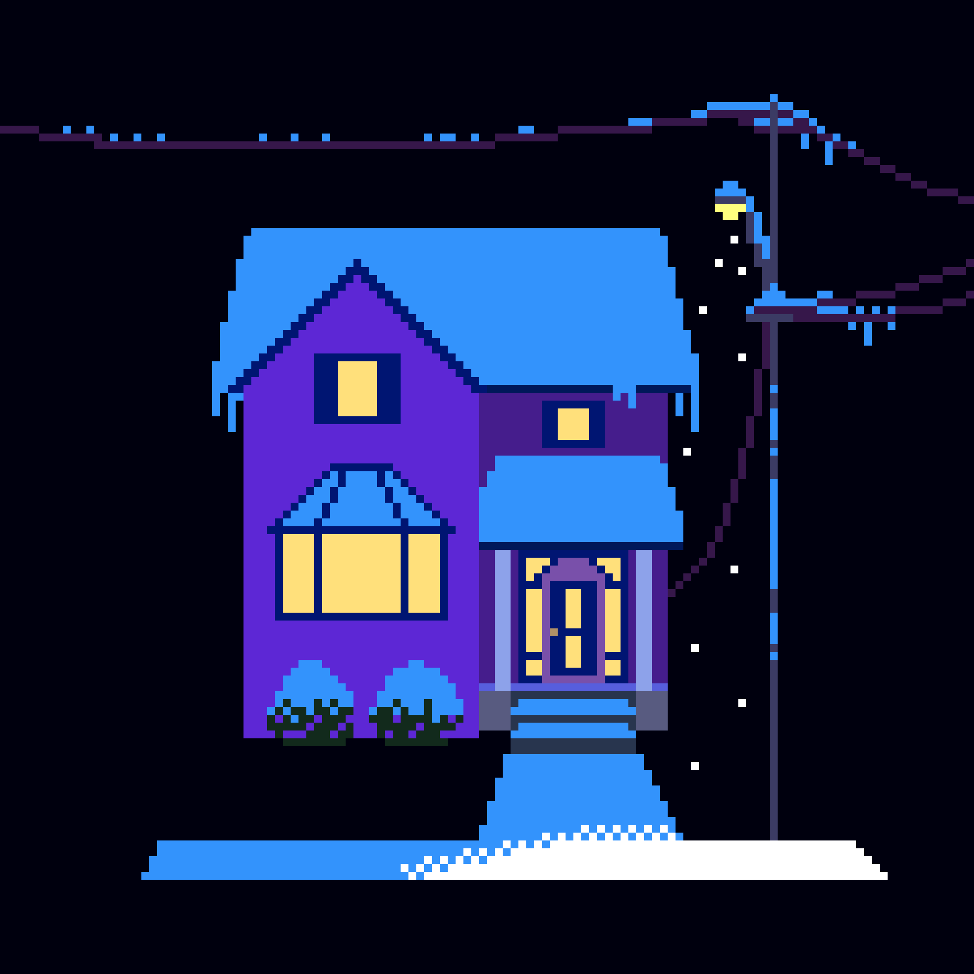 house at night with snow and streetlamp
