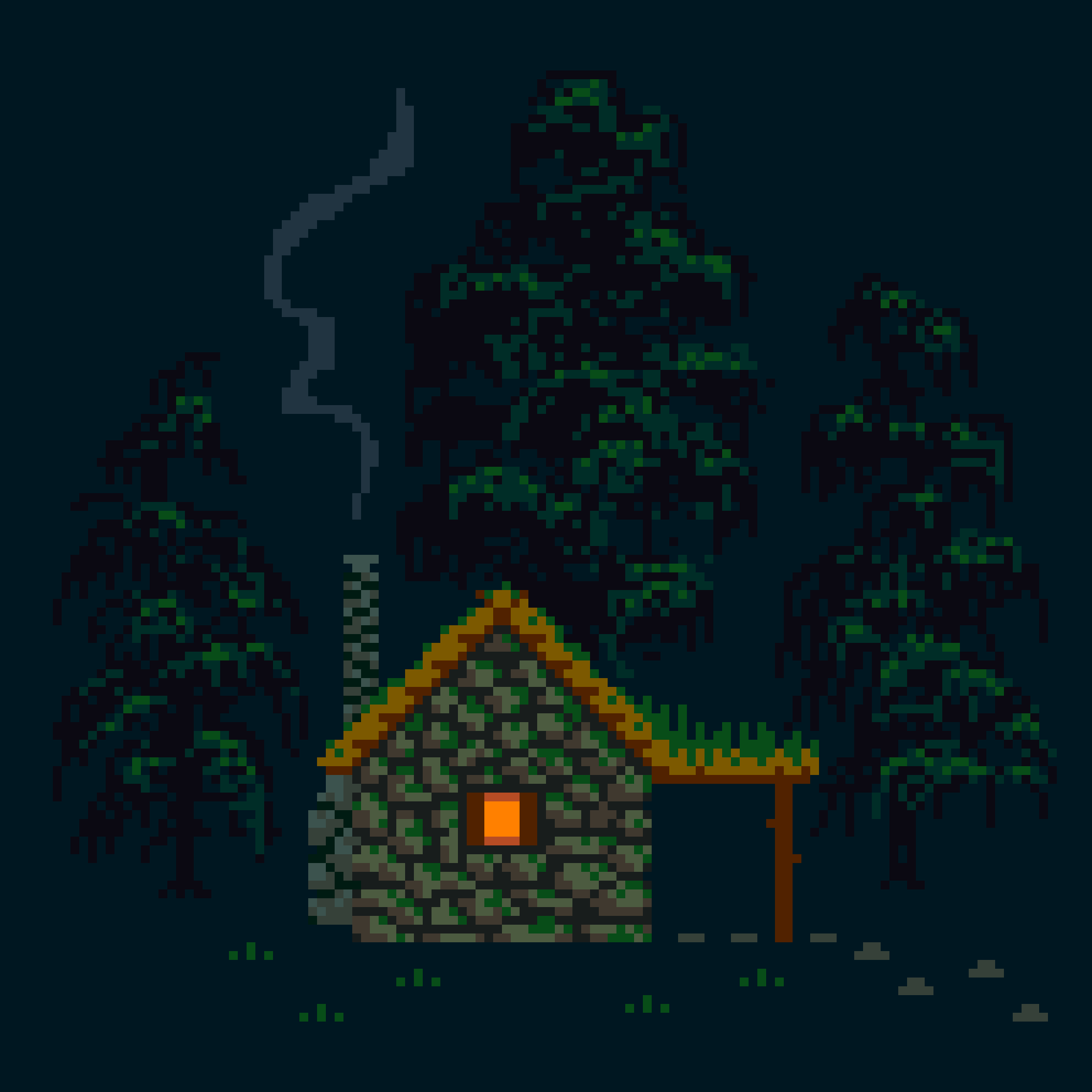 cozy stone house in woods with smoke from chimney